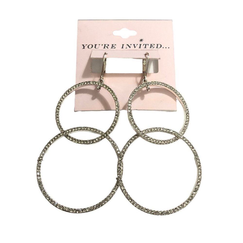 You're Invited Large Silver-Tone Double Hoop Dangle Earrings With Rhinestone Acc